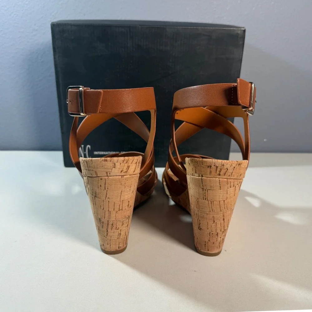 INC Landor Wedge Sandals Womens 11 Brown Strappy Cork Heel